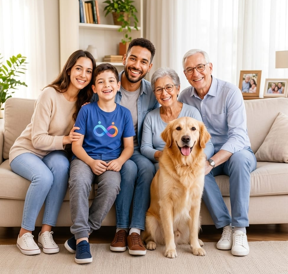 Família com criança usando camiseta do Meu Clube TEA e cachorro golden no sofá